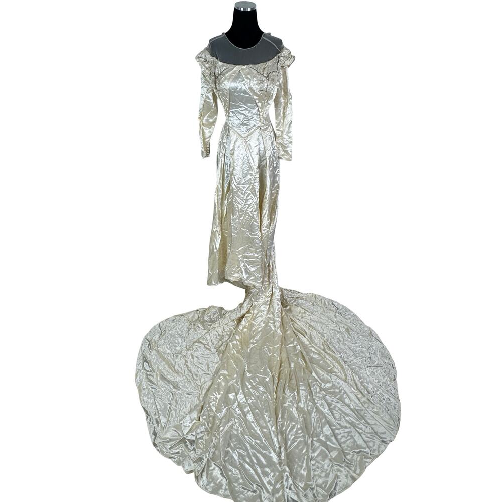 Vintage 40s Liquid Satin Wedding Dress 100" Train Beaded Restoration Project XXS